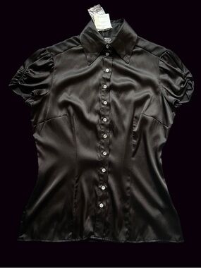 Bebe Black Silk Puff-Sleeve Rhinestone Button-Up Blouse